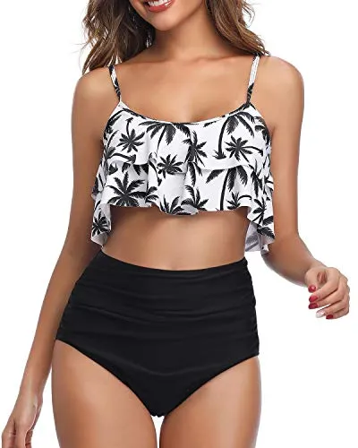 2 Piece Bikini Set High Waisted Ruffle Flounce Top And Bottoms-Black Palm Tree