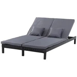 2 Seater Rattan Lounger Adjustable Double Chaise Chair Loveseat w/ Cushion Black