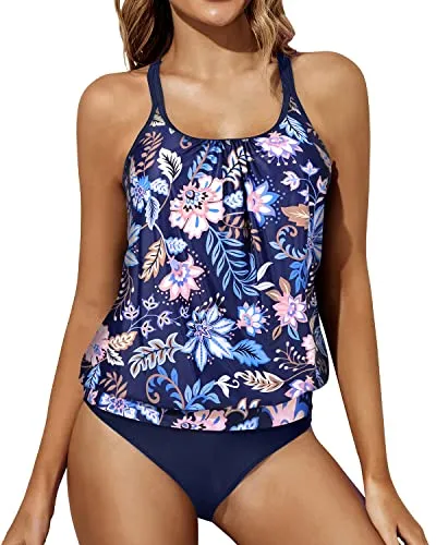 Adjustable Shoulder Straps Tankini Swimsuits-Blue Floral