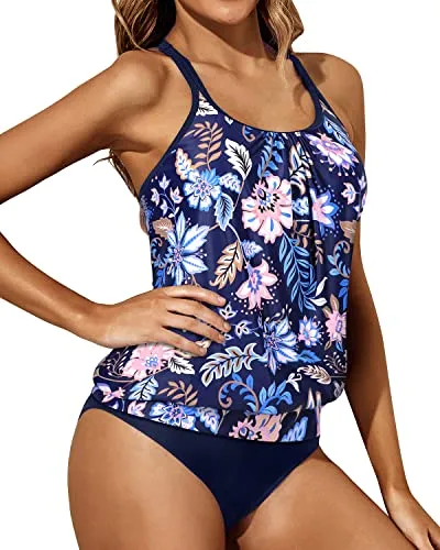 Adjustable Shoulder Straps Tankini Swimsuits-Blue Floral