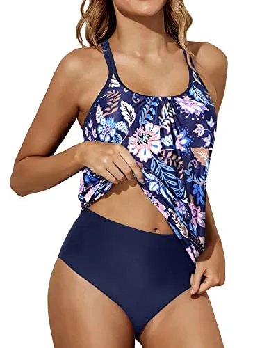 Adjustable Shoulder Straps Tankini Swimsuits-Blue Floral