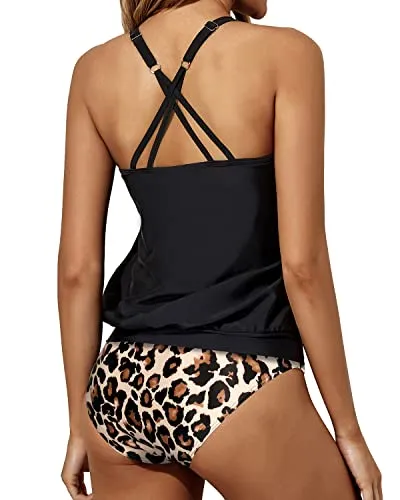 Attractive Scoop Neck Striped Tankini For Girls-Black And Leopard