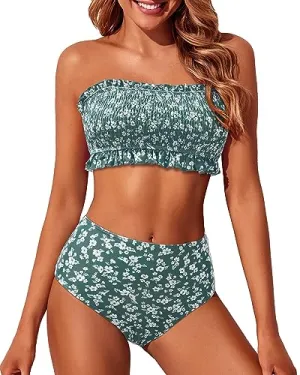 Bandeau Smocked Top & High Waist Bikini Set