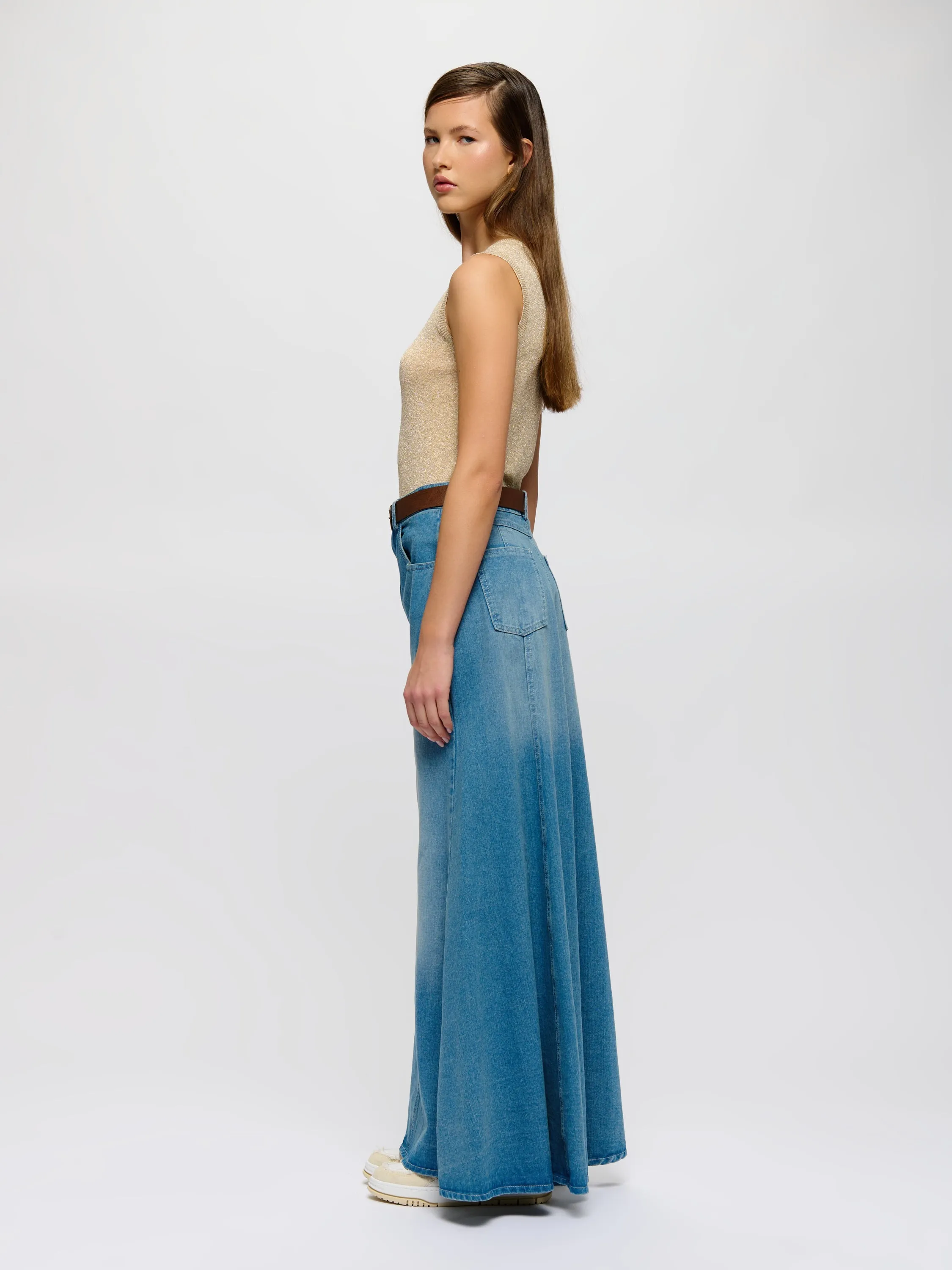 Belted Denim Maxi Skirt