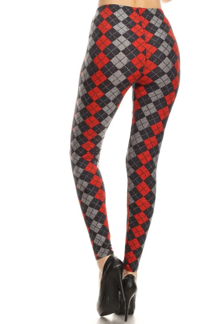 Black Red Grey Argyle Design Leggings