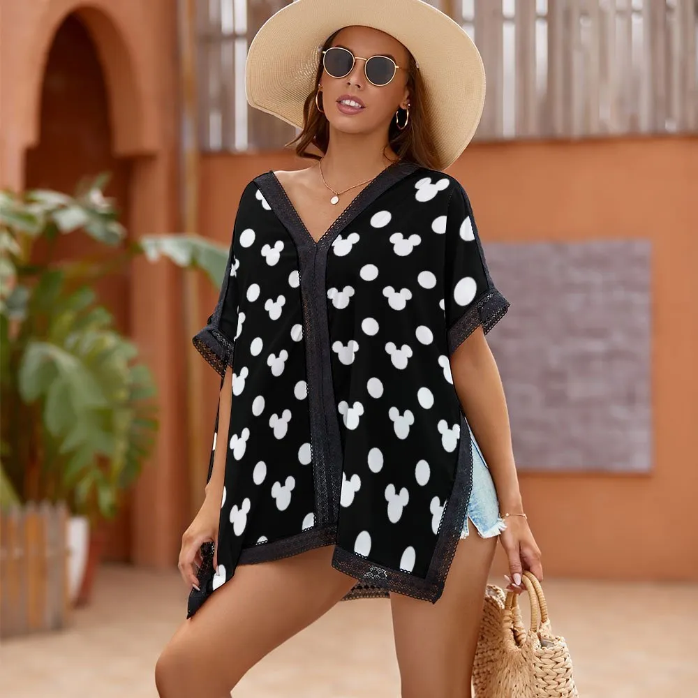 Black With White Mickey Polka Dots Women's Swimsuit Cover Up