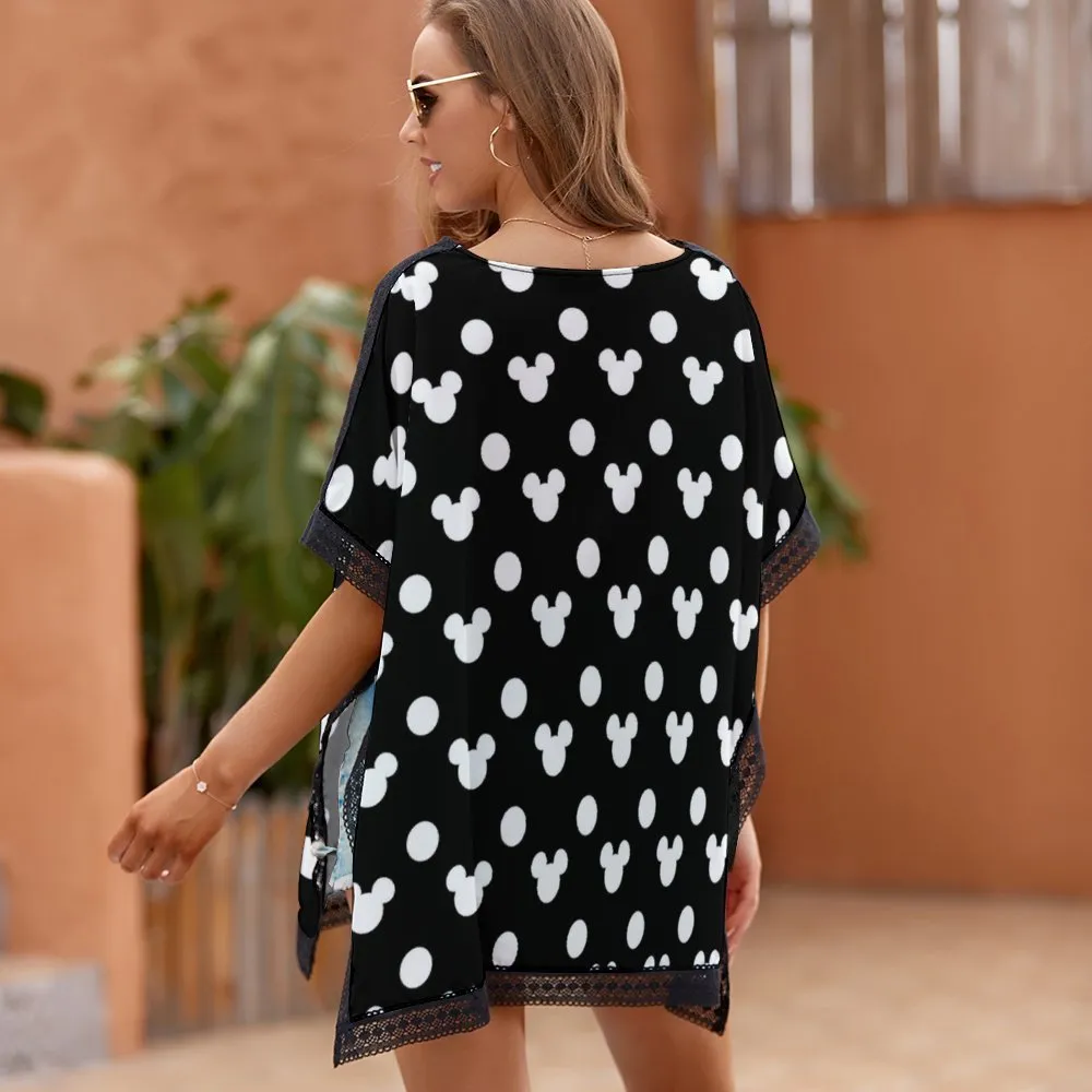 Black With White Mickey Polka Dots Women's Swimsuit Cover Up