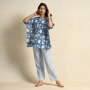 Blue - Hand Block Printed Cotton Kaftan & Pyjama Night Suit Set