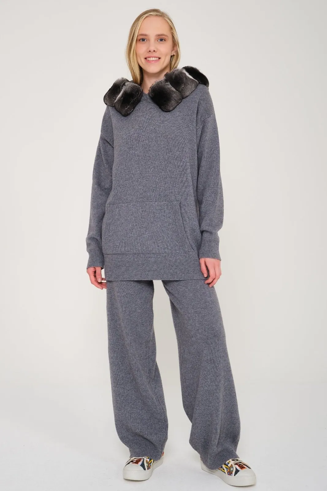 Chinchilla Fur Lined Knit Hoodie & Pants Set