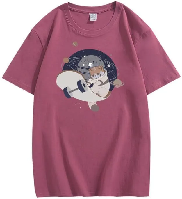 CORIRESHA Teen Cute Cat Skateboard Round Neck Short Sleeve Loose Space T-Shirt