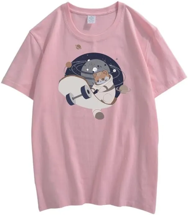 CORIRESHA Teen Cute Cat Skateboard Round Neck Short Sleeve Loose Space T-Shirt