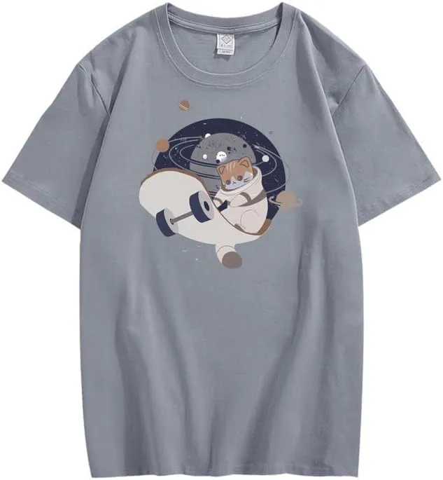 CORIRESHA Teen Cute Cat Skateboard Round Neck Short Sleeve Loose Space T-Shirt