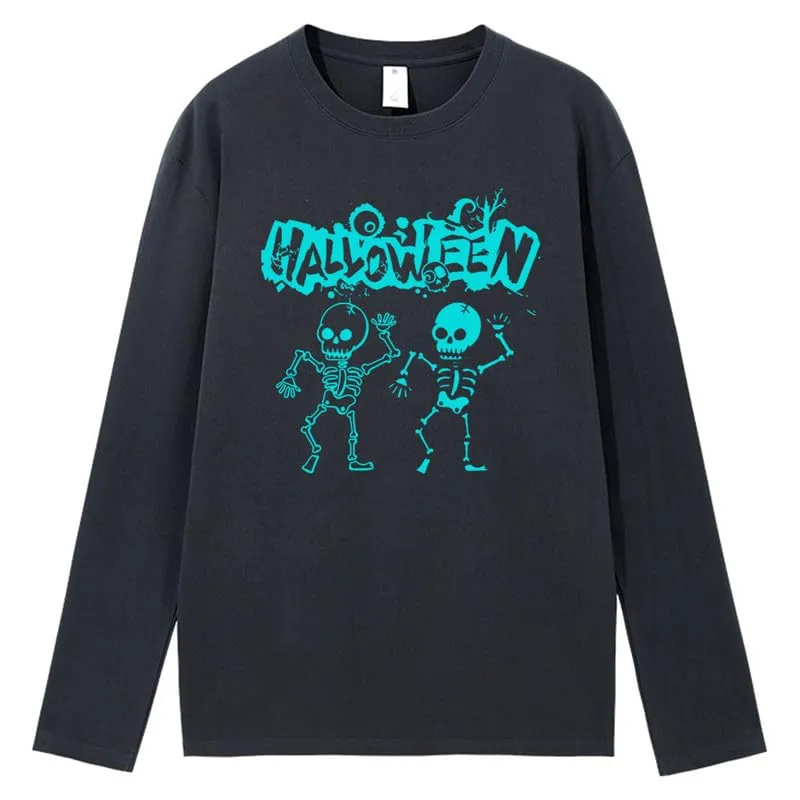 CORIRESHA Teen Halloween Skeleton Crewneck Long Sleeve Y2K Aesthetic Gothic T-Shirt