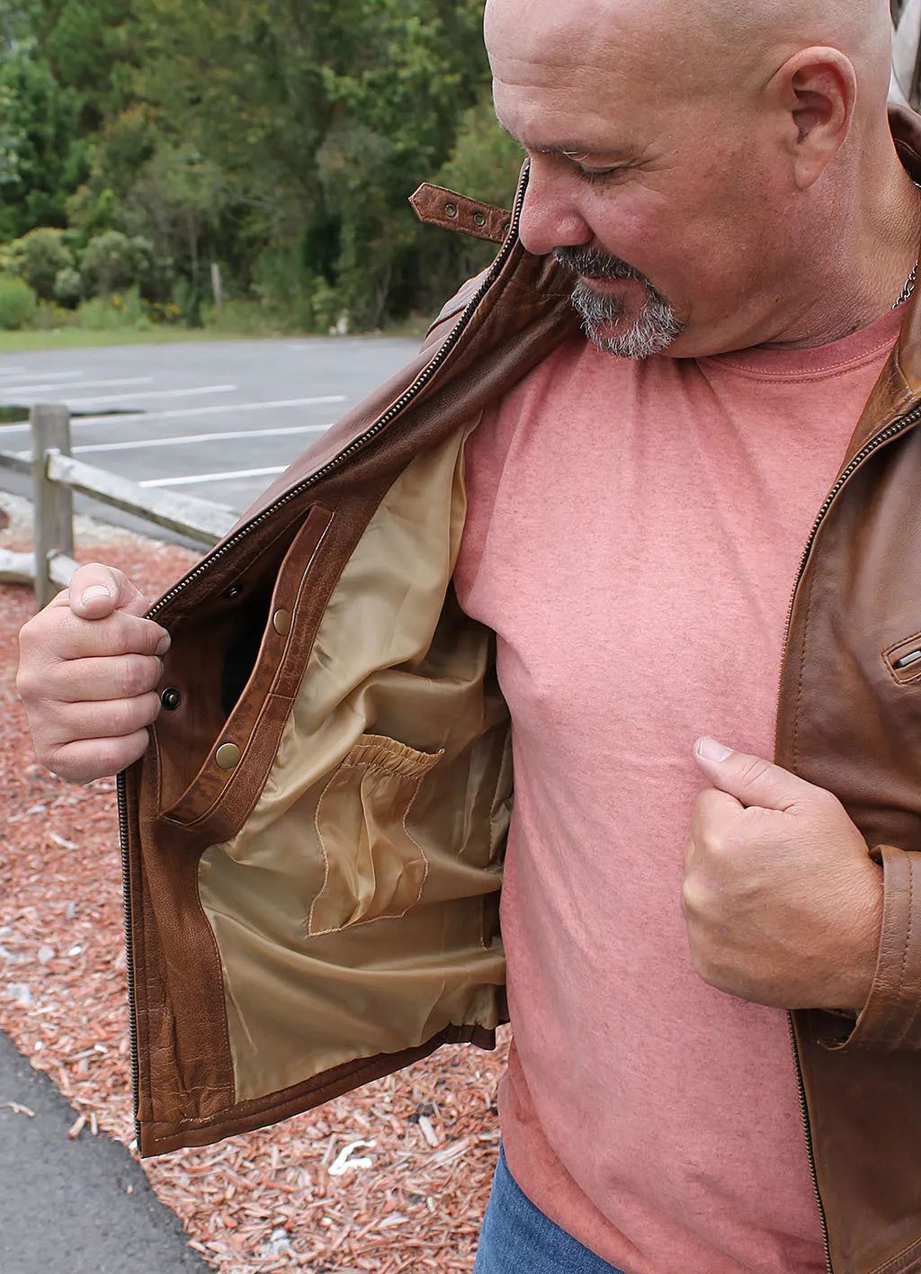 Distressed Brown Leather Ribbed Trim Jacket Butterfly Collar #MA1992GN