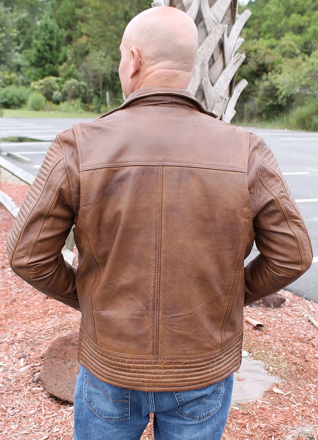 Distressed Brown Leather Ribbed Trim Jacket Butterfly Collar #MA1992GN