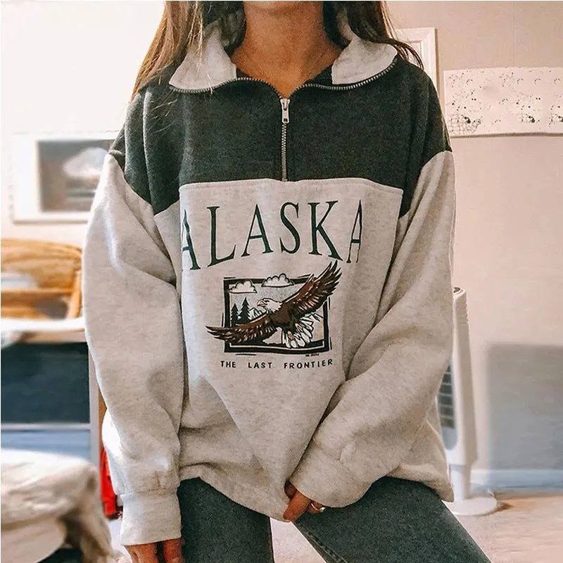 Fashionkova  2022 Vintage Zip Up Women Sweatshirts Streetwear Letter Printed Hoodies Autumn Long Sleeve Casual Loose Warm Fleece Sweatshirt