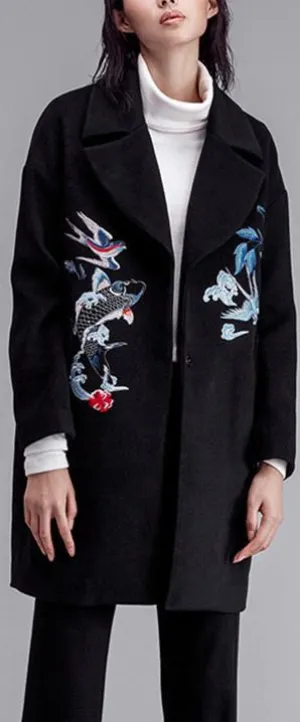 Fish-Embroidered Wool-Blend Coat