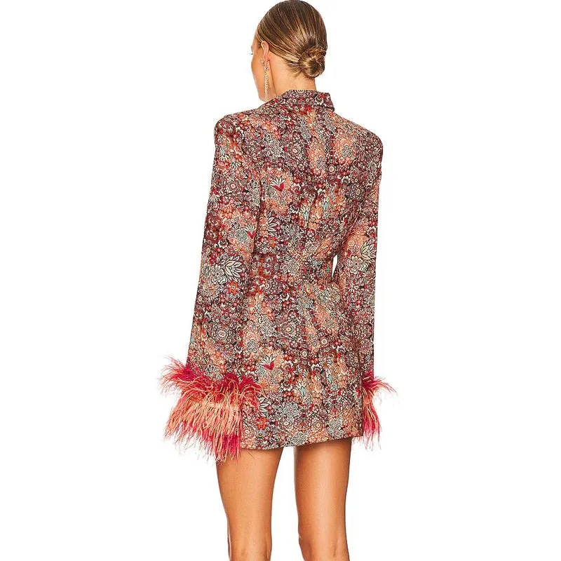 Floral Temperament Women's Fitted Cuff Feather Dress Coat