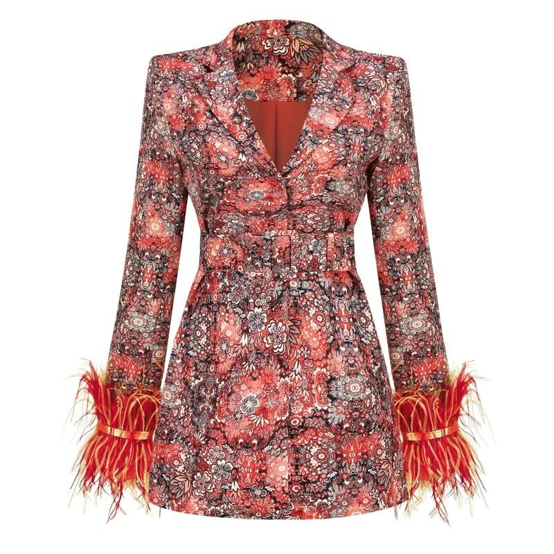 Floral Temperament Women's Fitted Cuff Feather Dress Coat