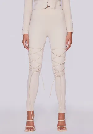 Front Laced High Waisted Ribbed Leggings - Sand