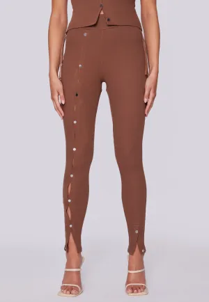 High Waisted Button Up Ribbed Leggings - Brown