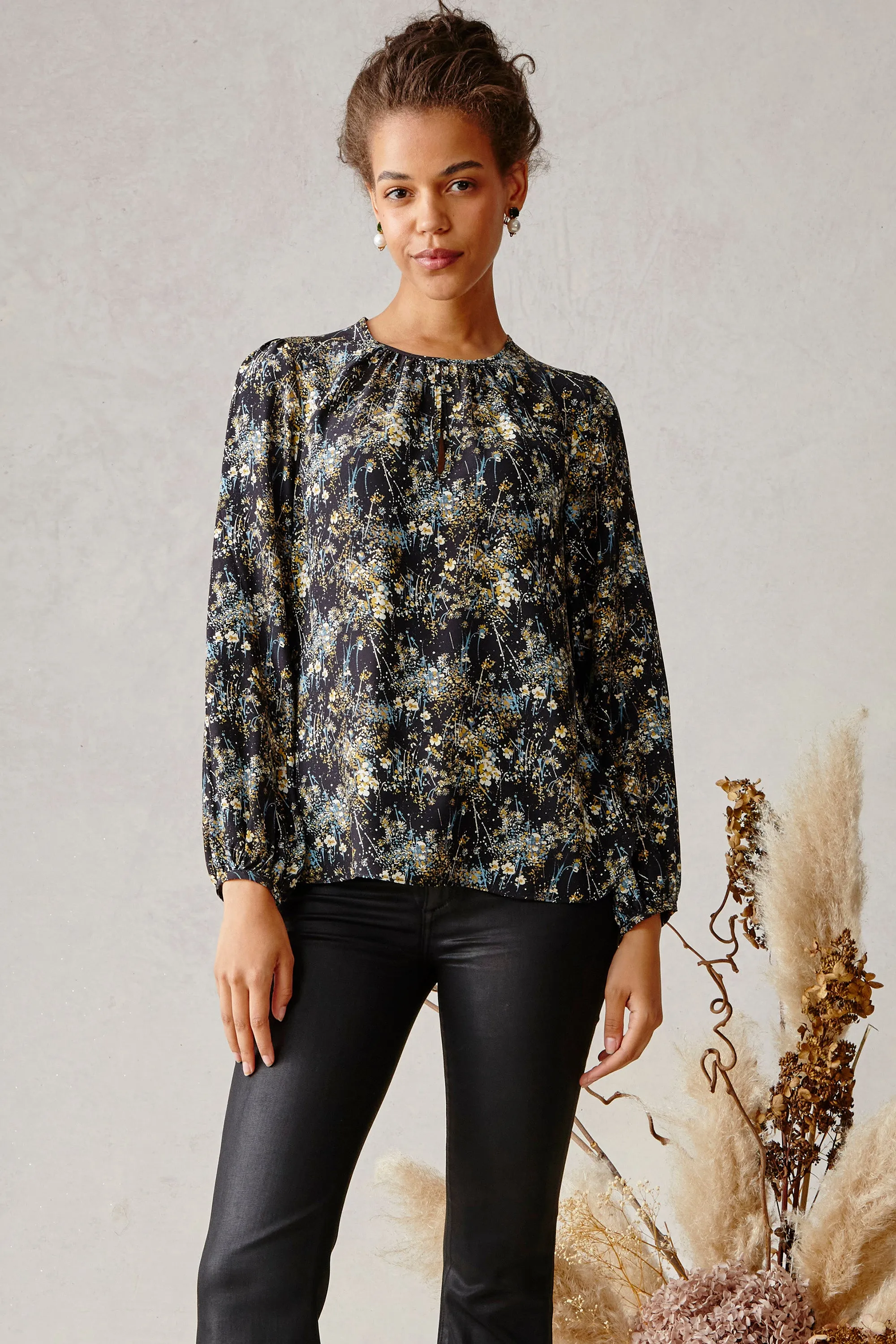 Keyhole Blouse - Denim Bursting Blooms