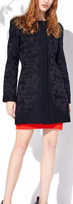 Lace-Embroidered Short Wool-Blend Coat