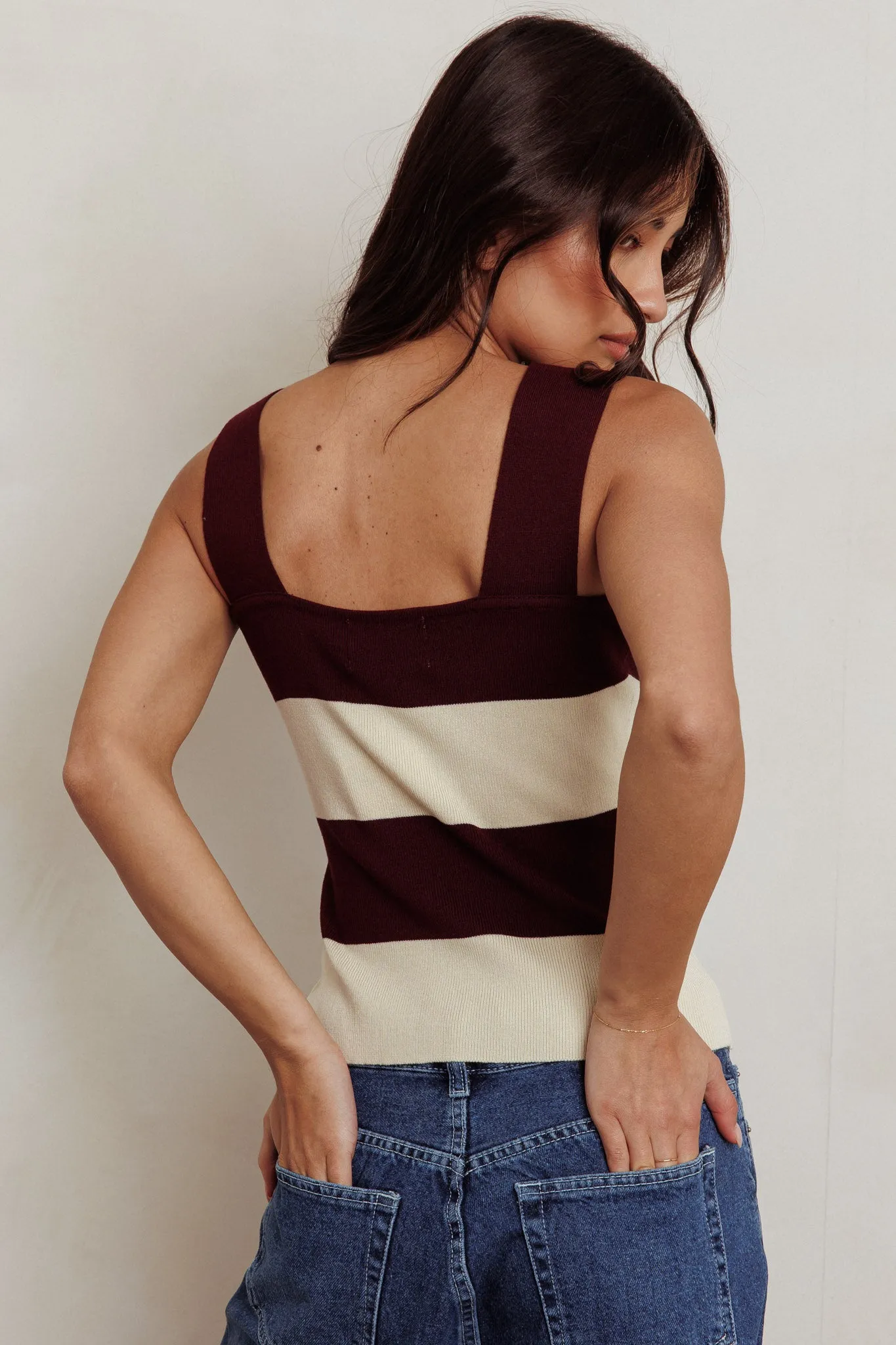 Lisa Striped Knit Tank Top Red Bean