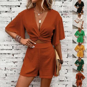 Loose V-Neck Ruffle Sleeve Short-sleeved Top And Shorts