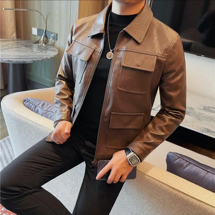 Men's Leather Motorcycle Jacket - Fashion Lapel Design, Casual Streetwear PU Coat for Business & Social Outfits