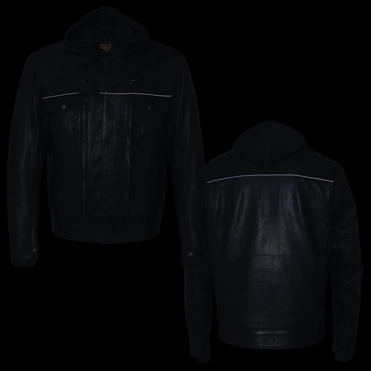 Milwaukee Leather MLM1537 Men's Black Leather ‘Utility Pocket’ Vented Jacket with Removable Hoodie