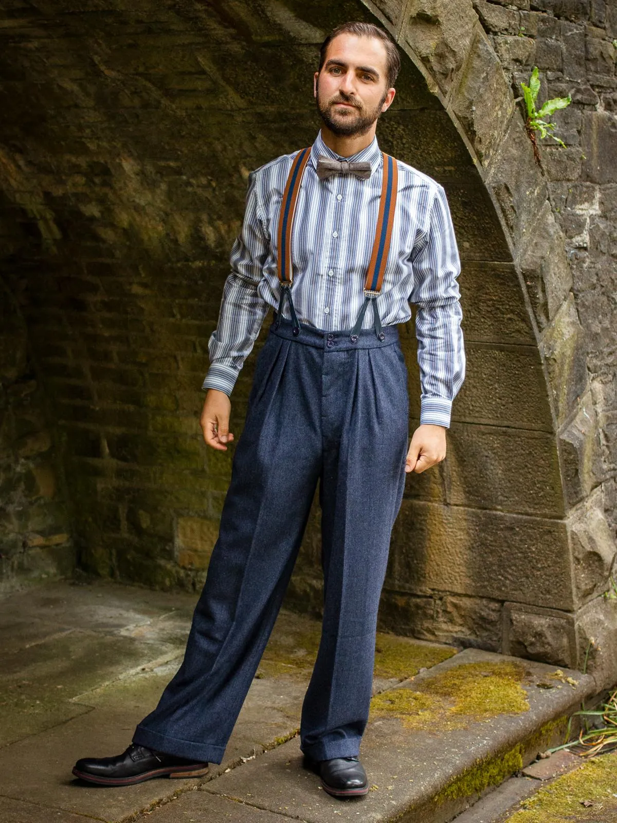 Navy & Rust Stripe 1940s Style Braces with Blue Leather Loops