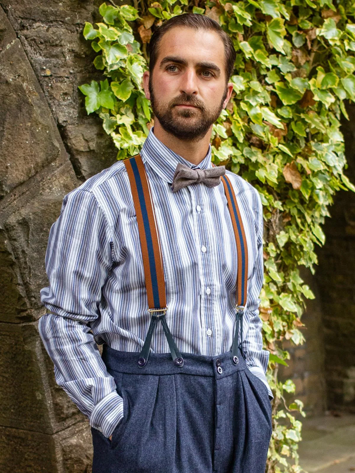 Navy & Rust Stripe 1940s Style Braces with Blue Leather Loops