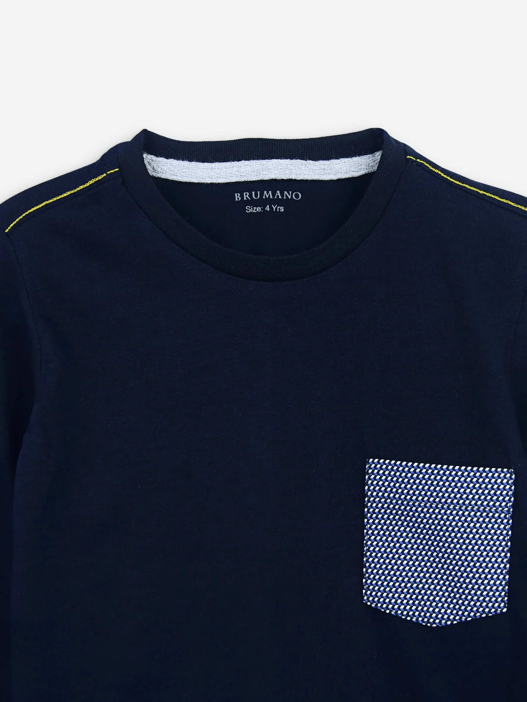 Navy Blue Long Sleeve Casual T-Shirt With Printed Pocket