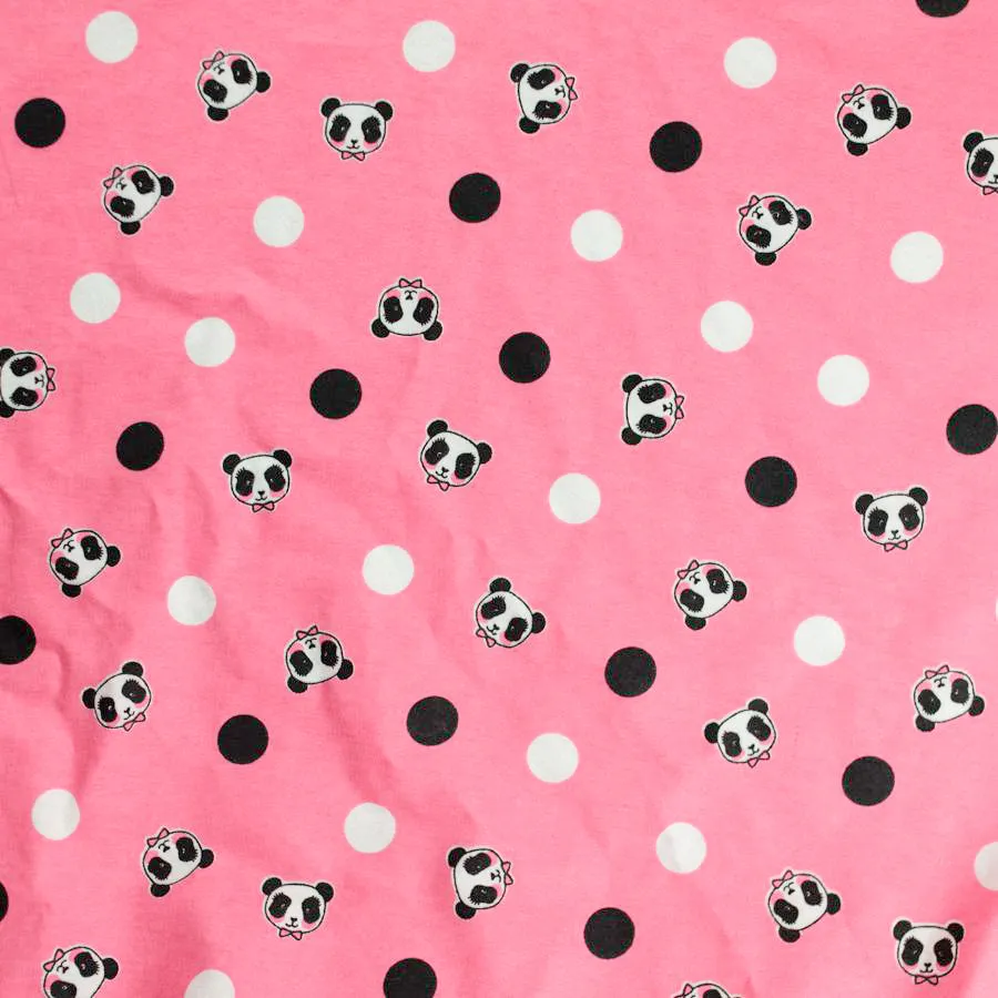 Panda & White Dots on Pink Printed Flannelette