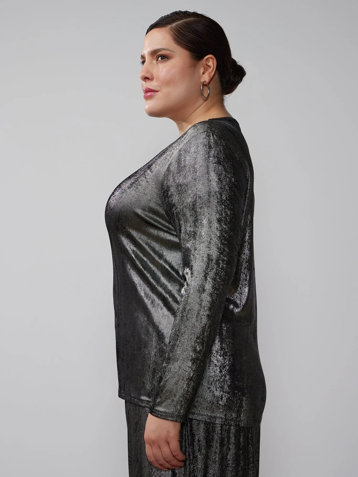 Plus Long Sleeve Metallic Top