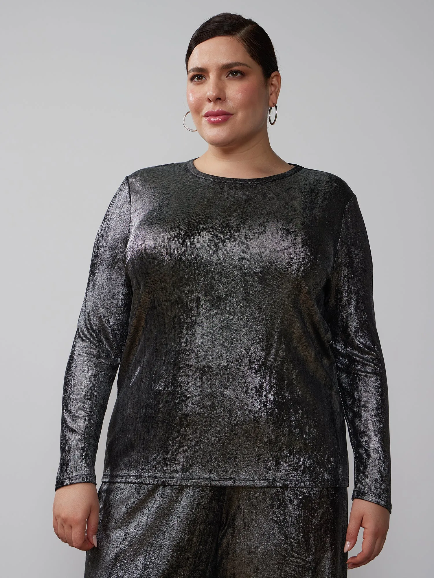 Plus Long Sleeve Metallic Top