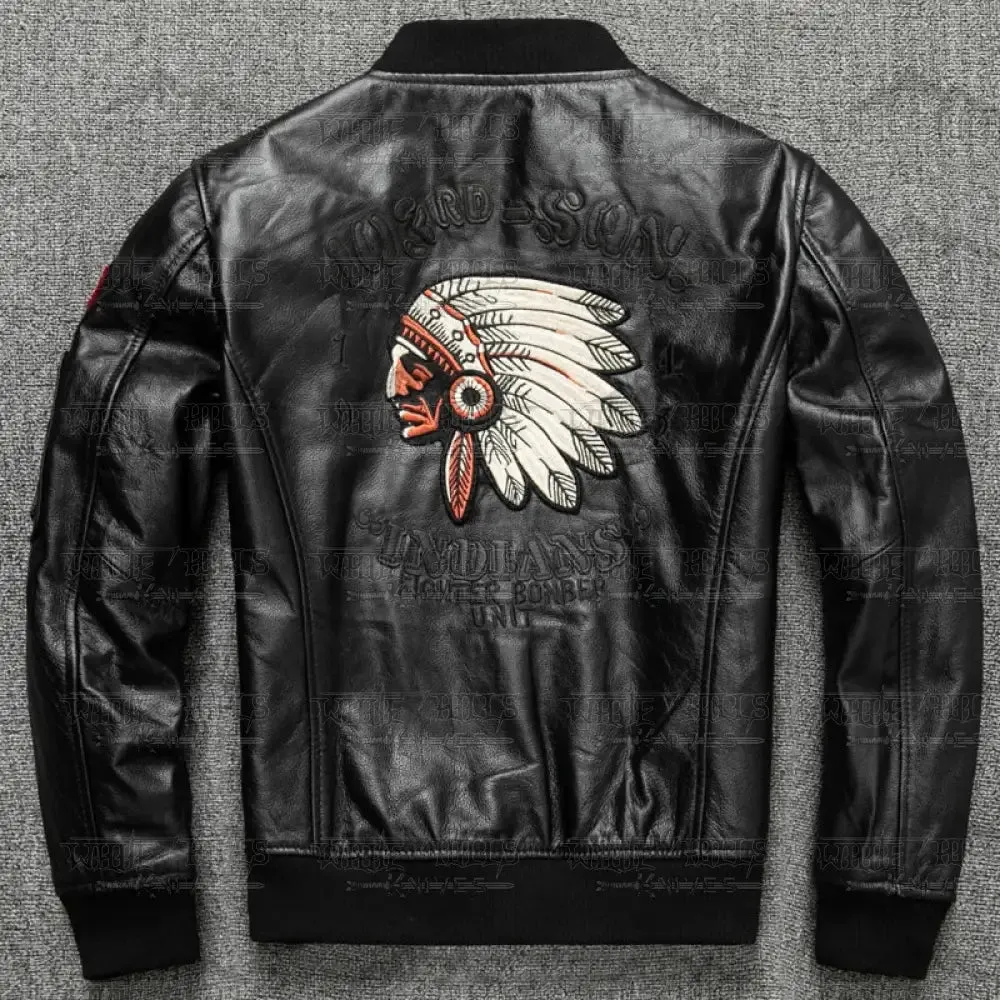 Red Indian Embroidery Baseball Cowhide Leather Jacket