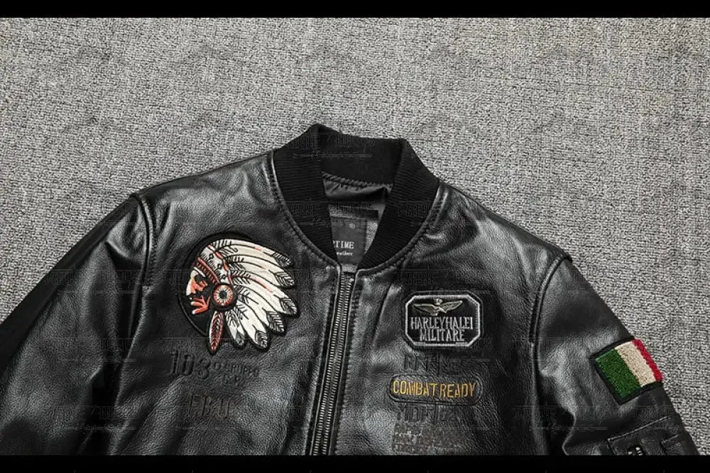 Red Indian Embroidery Baseball Cowhide Leather Jacket