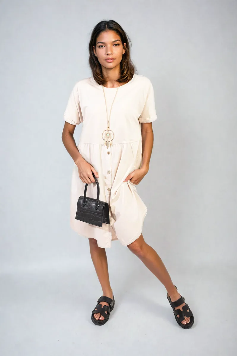 Short Sleeve Button Front Midi Dress