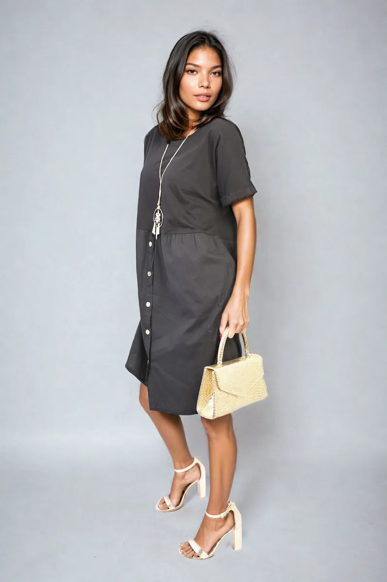 Short Sleeve Button Front Midi Dress