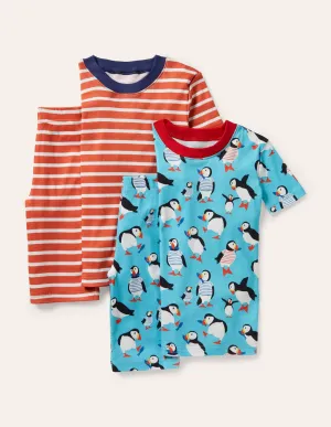 Snug Twin Pack Short Pyjamas-Aqua Blue Puffins