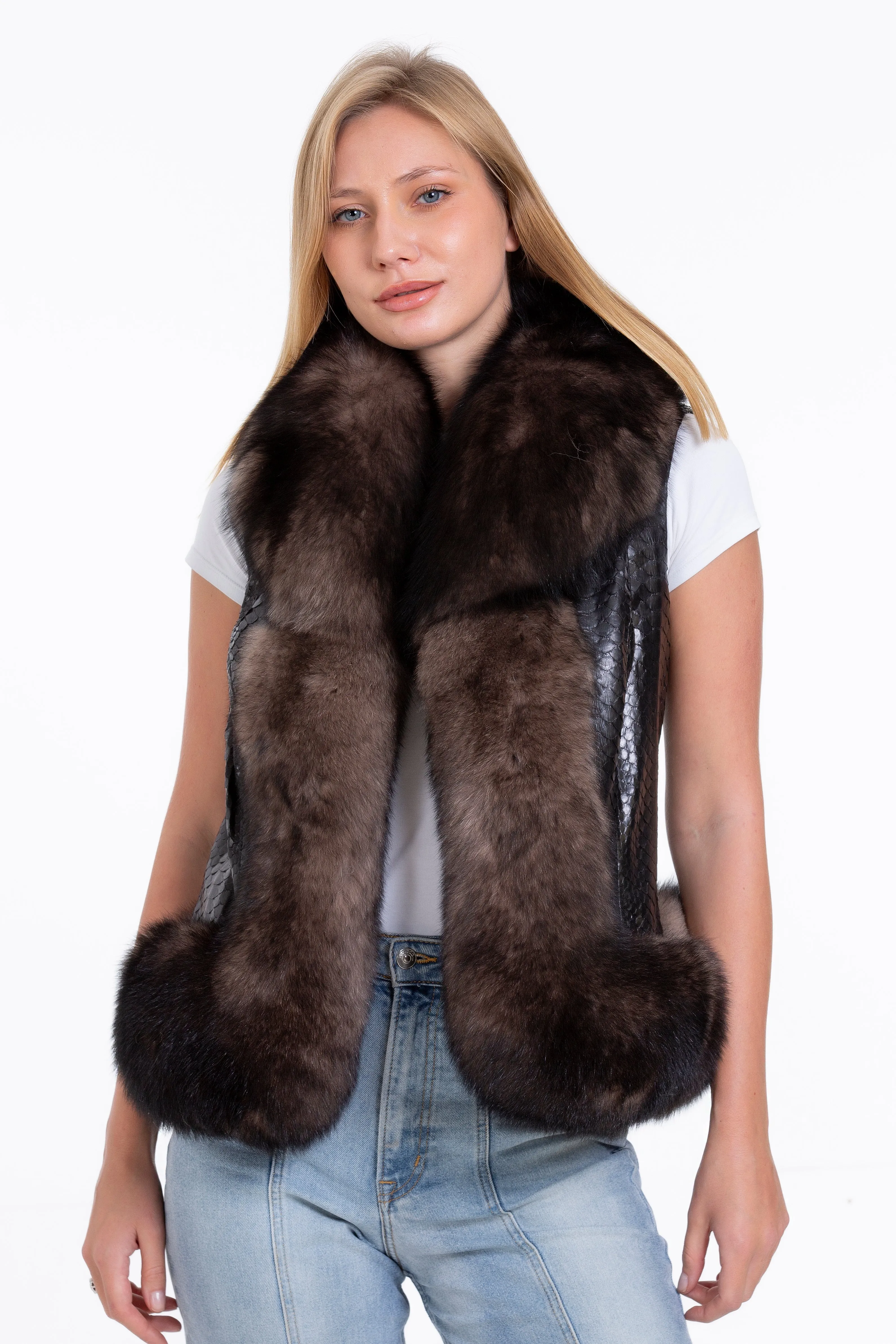 The Fitzroy Pythn Skin Leather Black Pullover Vest with a Pure Fox Fur Women Jacket