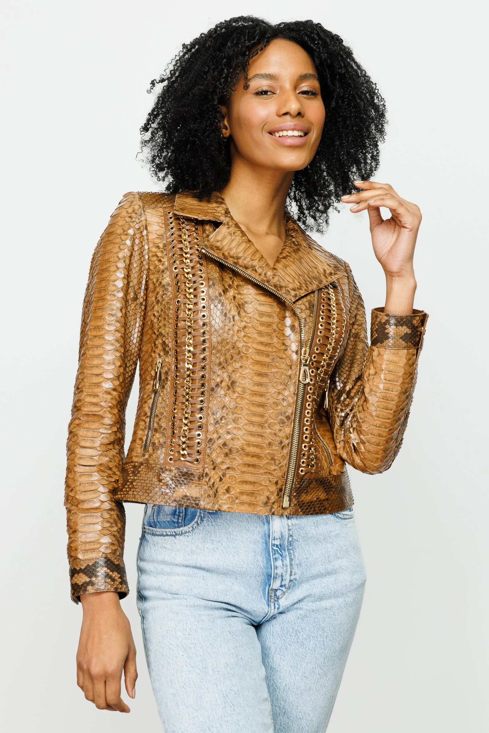 The Nayro Pythn Tan Leather Women Jacket