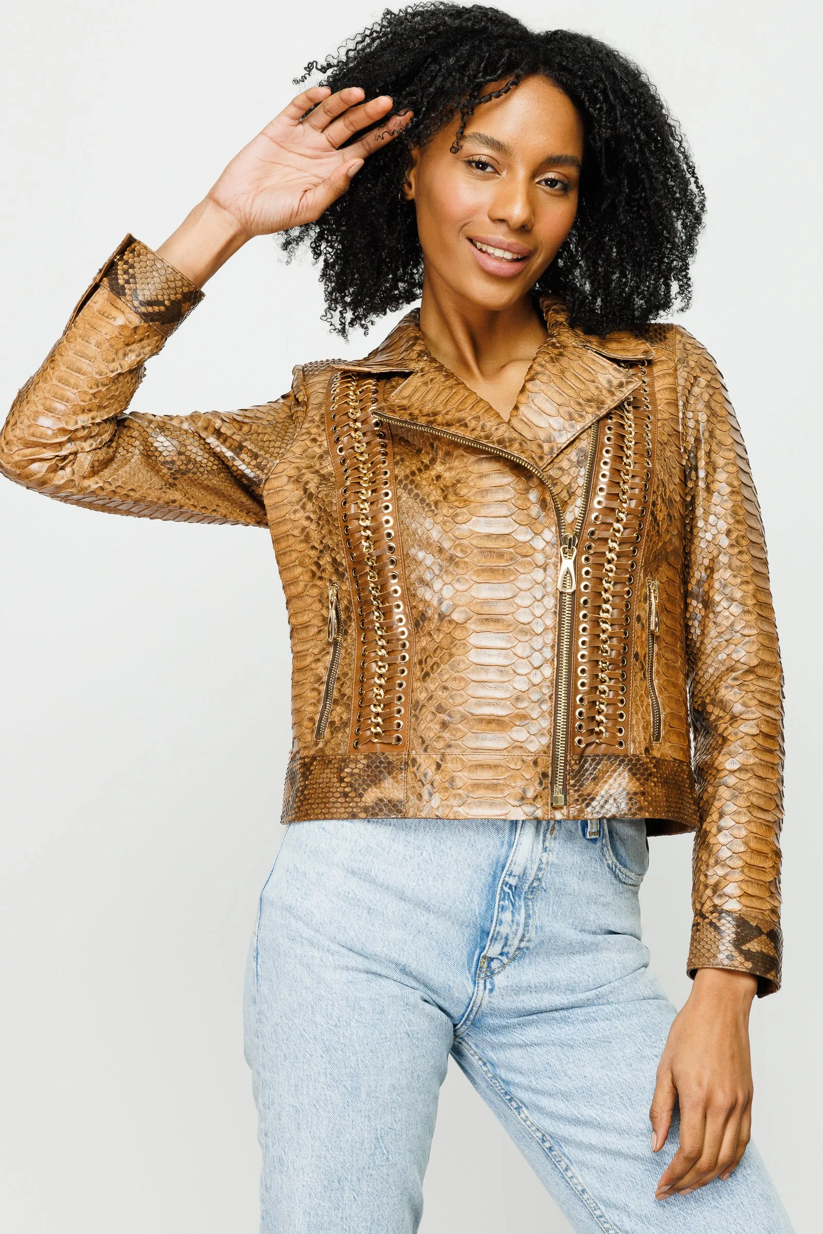 The Nayro Pythn Tan Leather Women Jacket