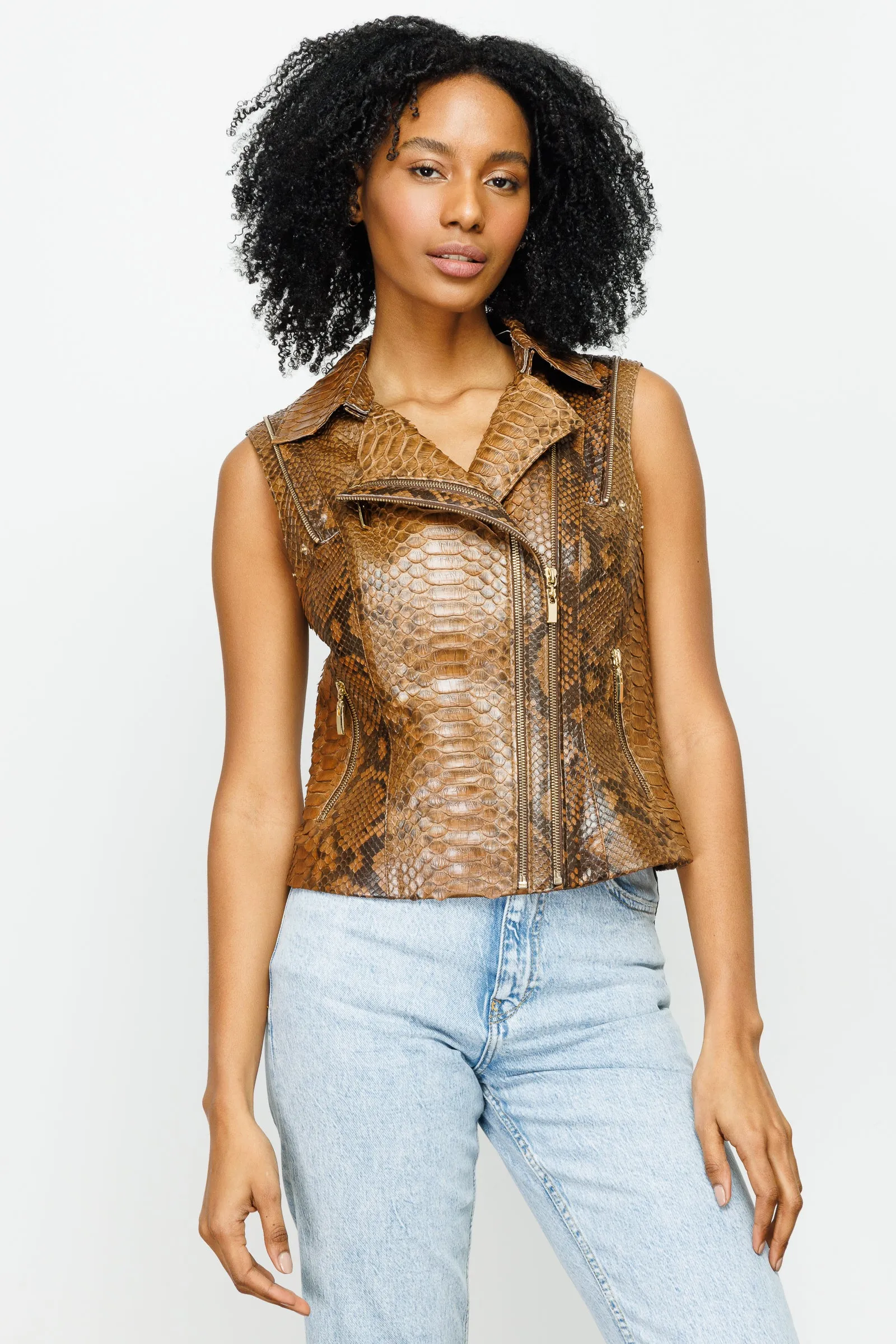 The Queen Pythn Skin Tan Leather Women Jacket