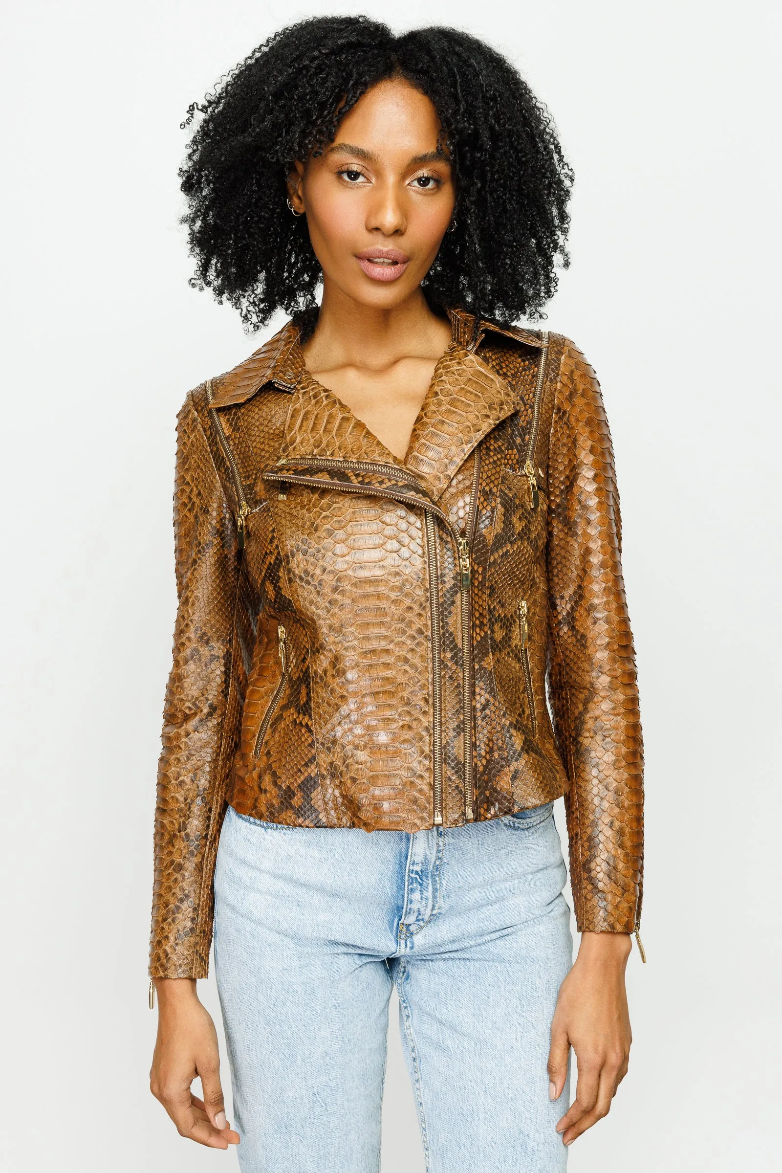 The Queen Pythn Skin Tan Leather Women Jacket