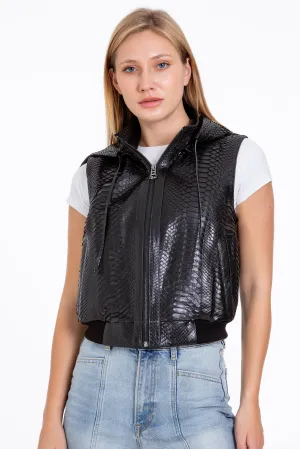 The Yanaka Pythn Skin Leather Black Zip-Up Vest with a Hood Women Jacket