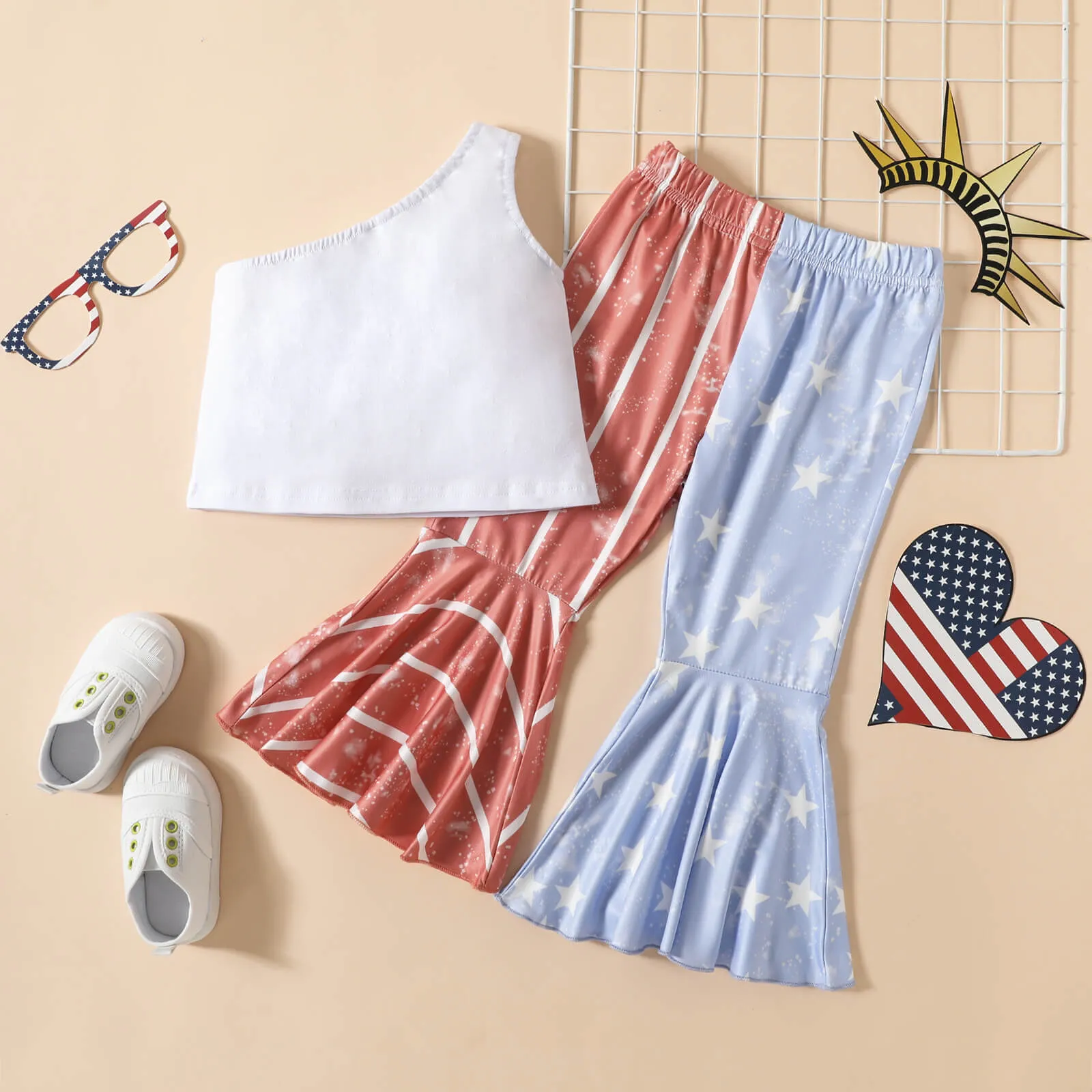 Toddler Baby Girl 4th of July Outfit One Shoulder Tops Pants Set USA Independence Day American Flag Clothes