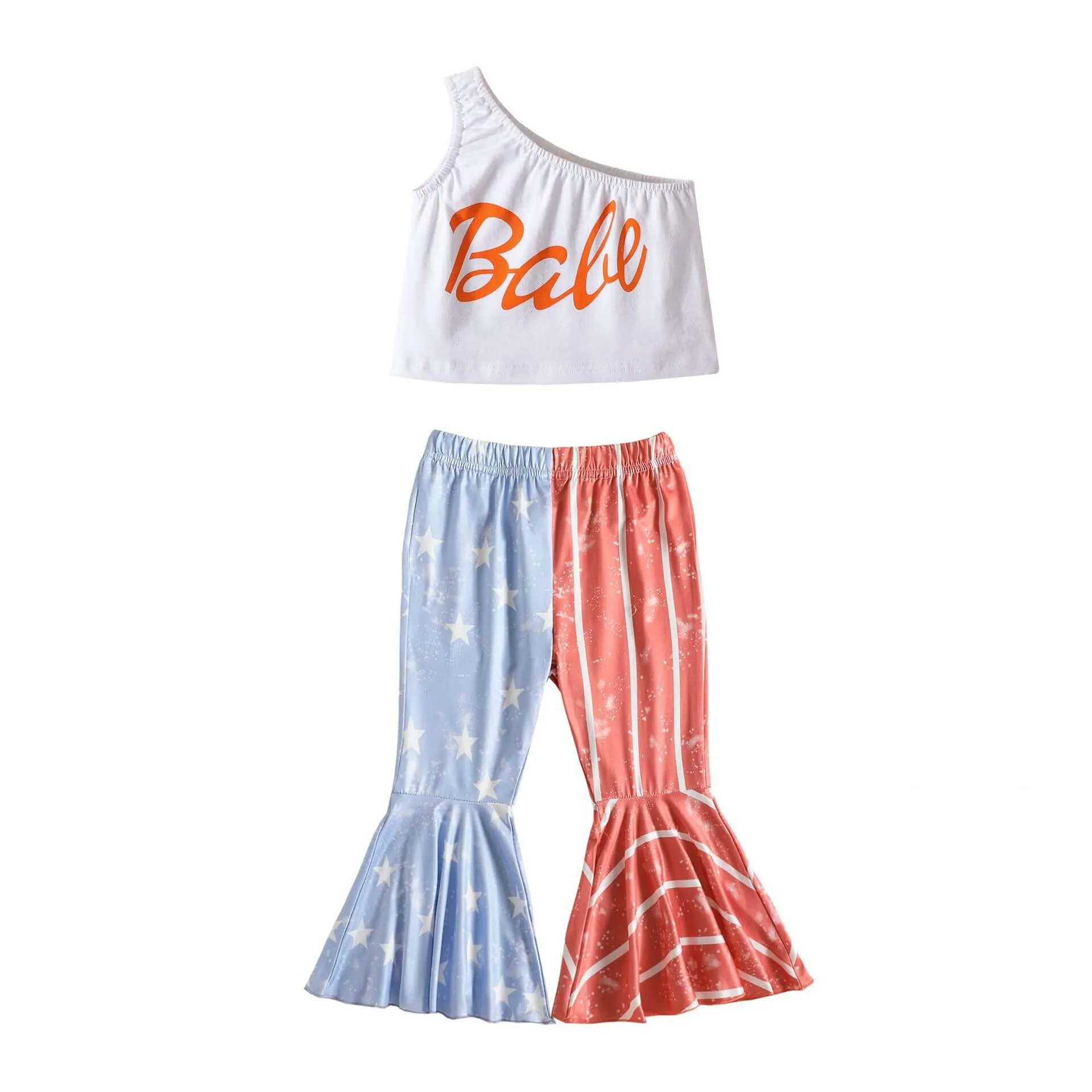 Toddler Baby Girl 4th of July Outfit One Shoulder Tops Pants Set USA Independence Day American Flag Clothes